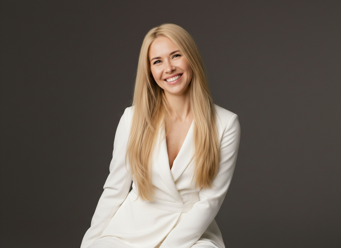 Confident mature blonde woman in white suit