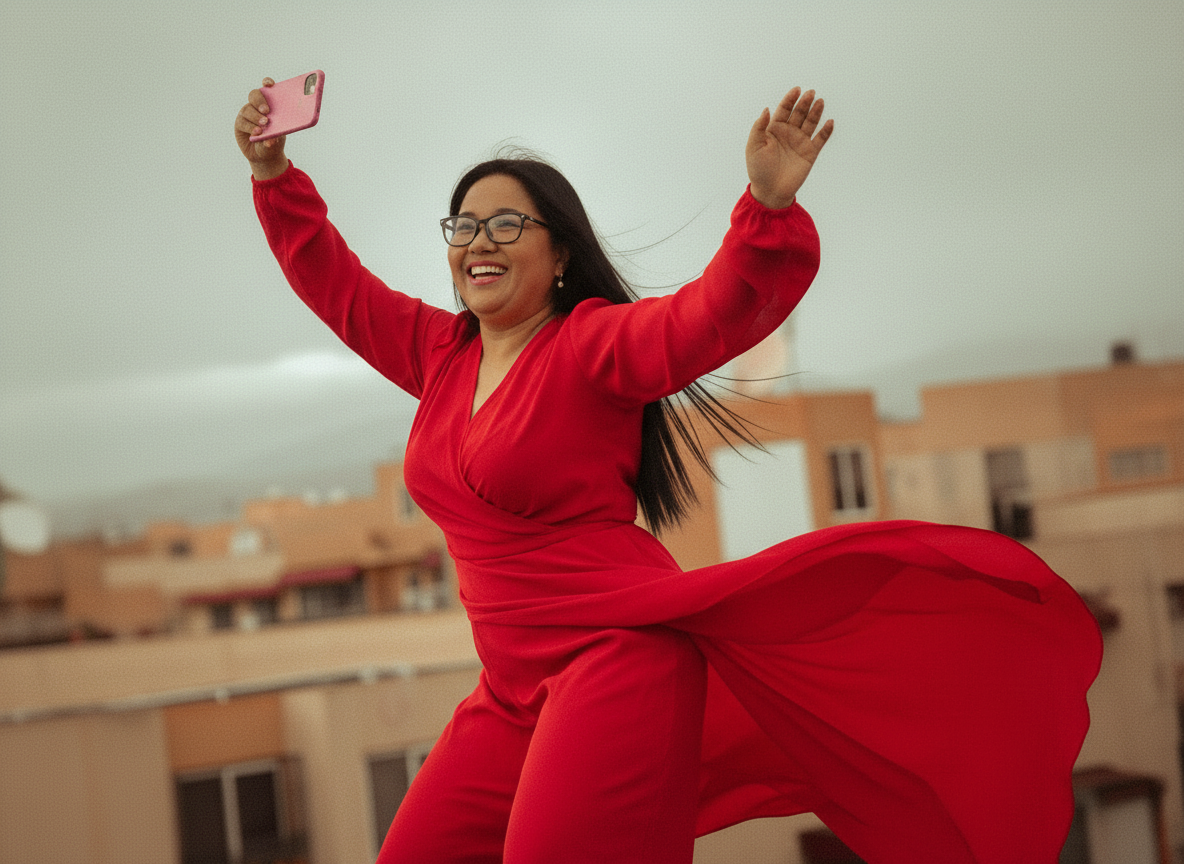 Joyful mature woman in a red dress having fun