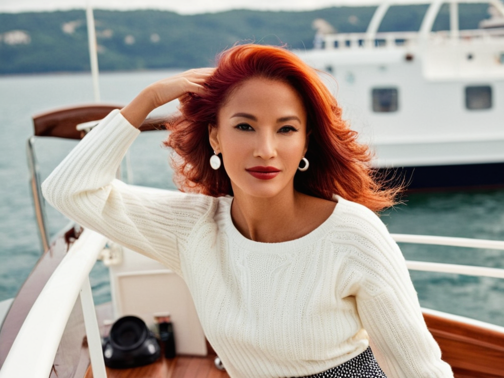 Confident mature redhead woman on a boat